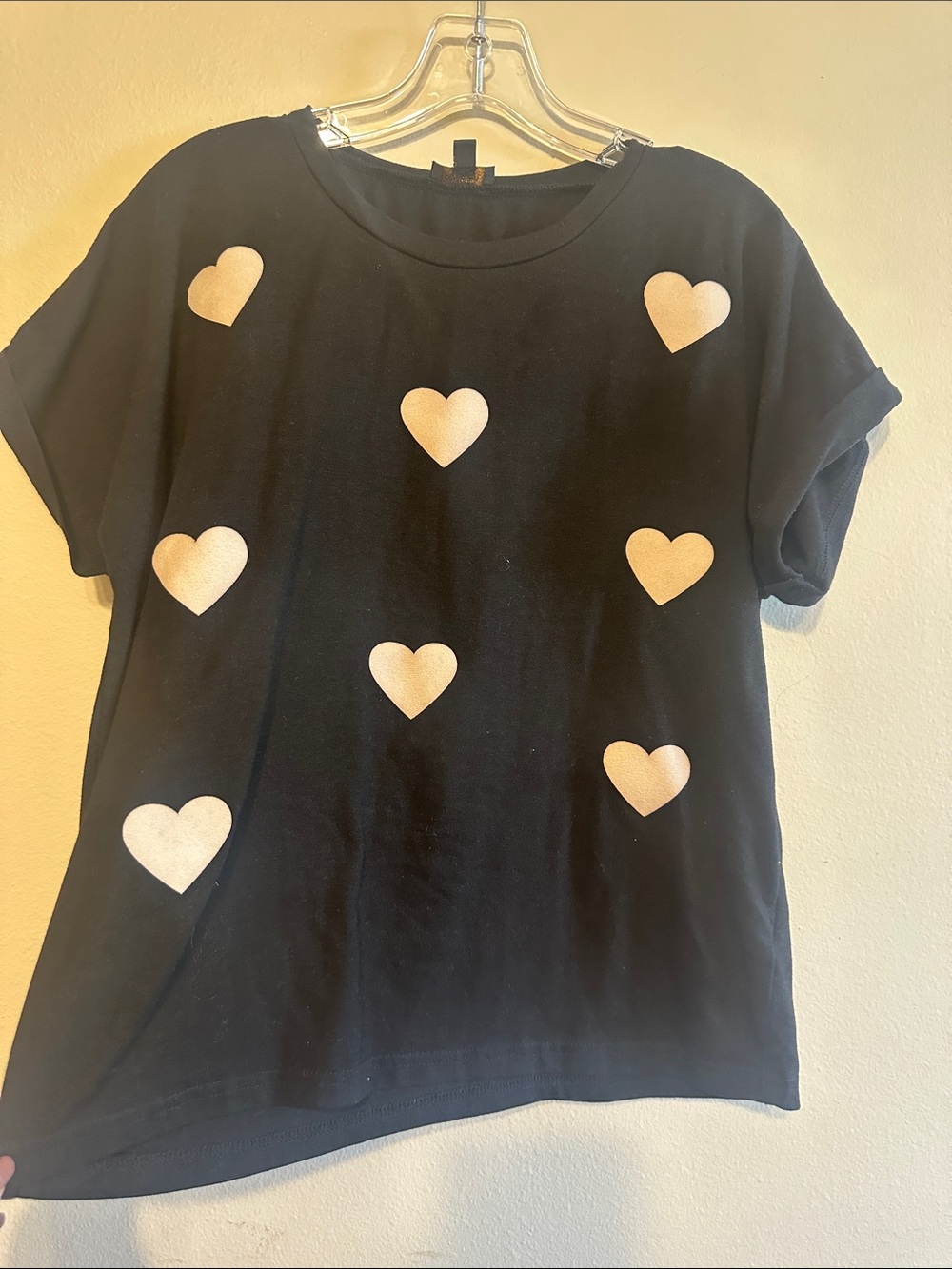 Source Unknown Black Tee with Light Pink Heart Prints